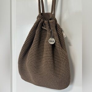The Sak Brown Knit Crochet Backpack Bag Under the Sea Fabric Lining EUC